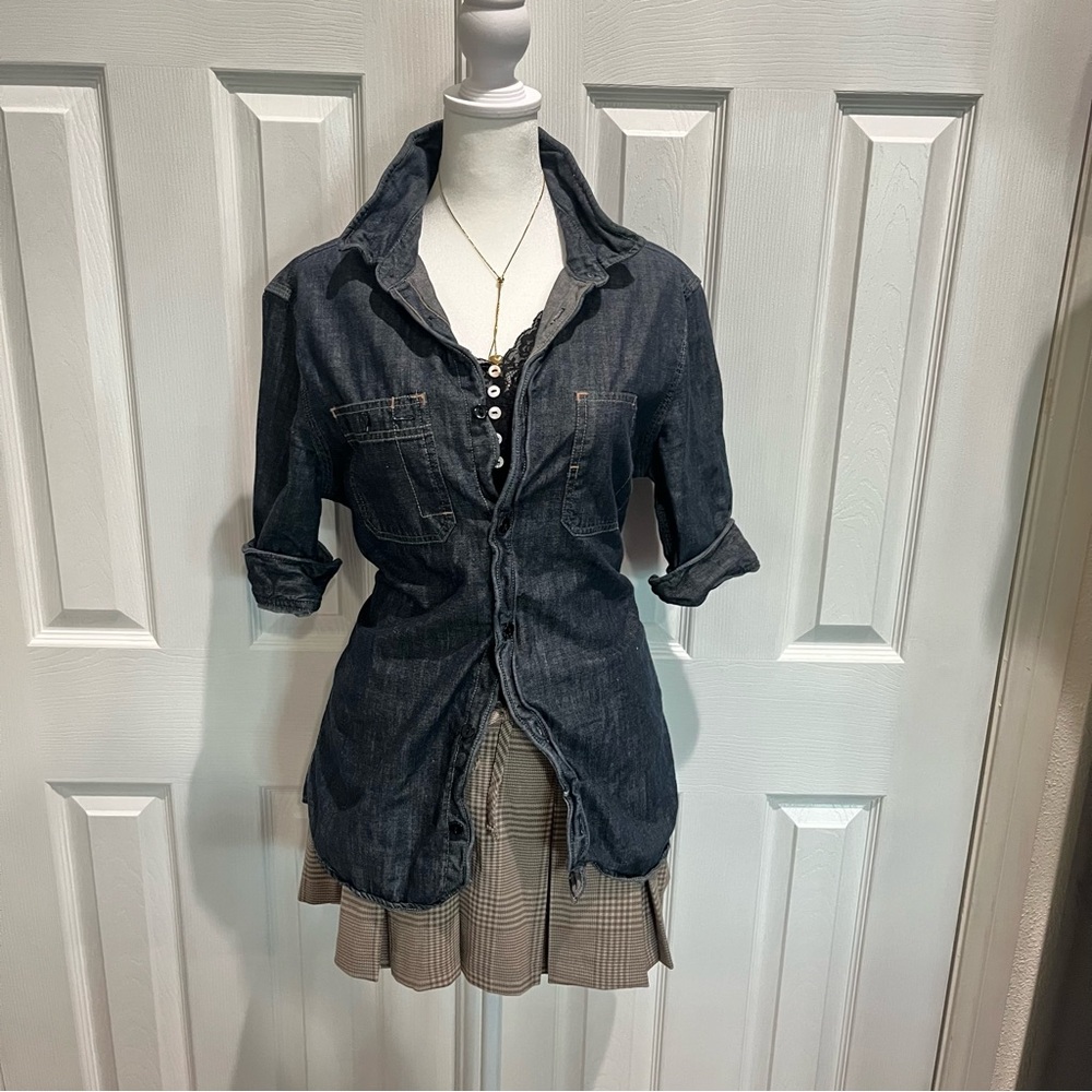 AllSaints‎ Spitalfields Hairo Indigo Denim Shirt Dark Wash Button Down Womens M